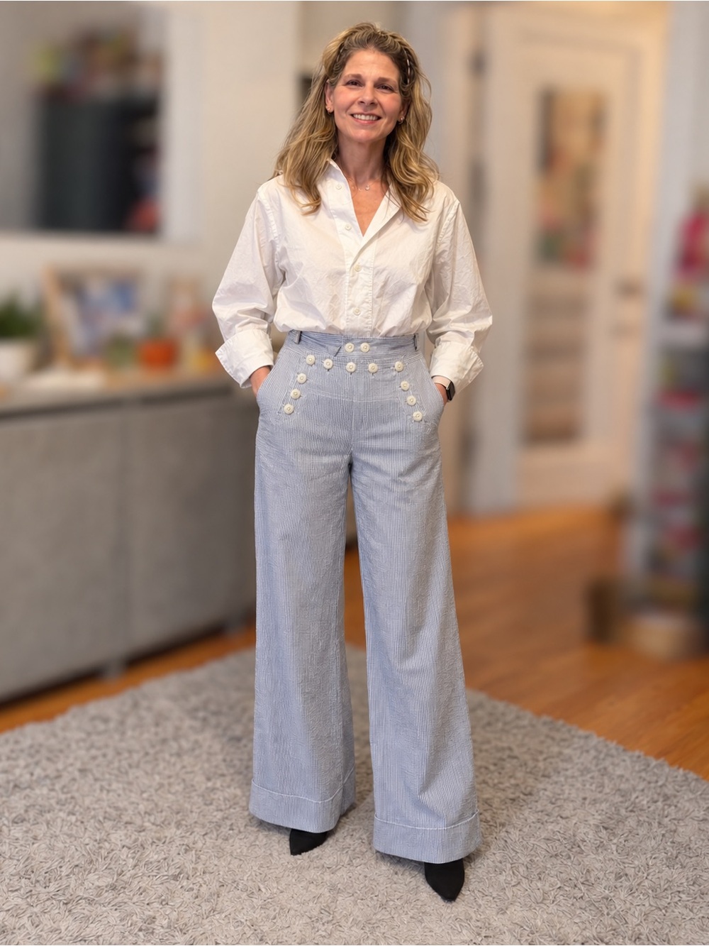 Light Blue Seersucker Wide Leg Sailor Pants Button Front